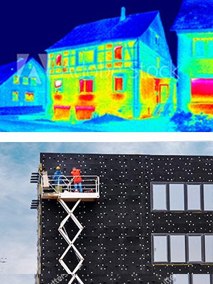 Dieses Bild zeigt die Thermografie einer Häuserfassade sowie die Anbringung einer Wärmeschutzverkleidung einer Außenmauer